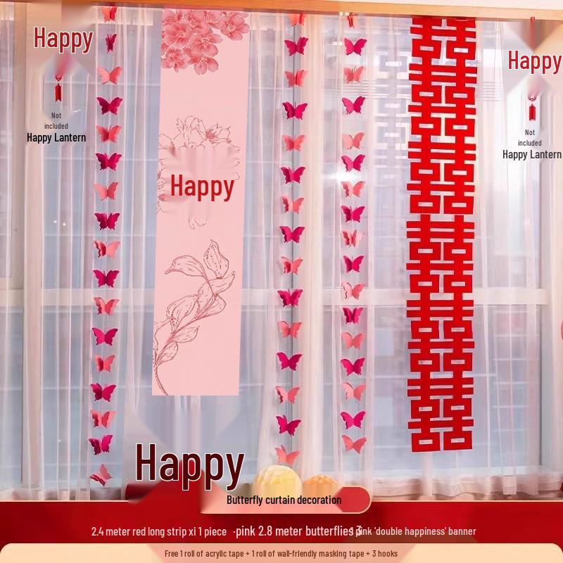 Wedding Room Decor Set: Double Happiness Curtains, Bay Window Trim, Bedroom Bows