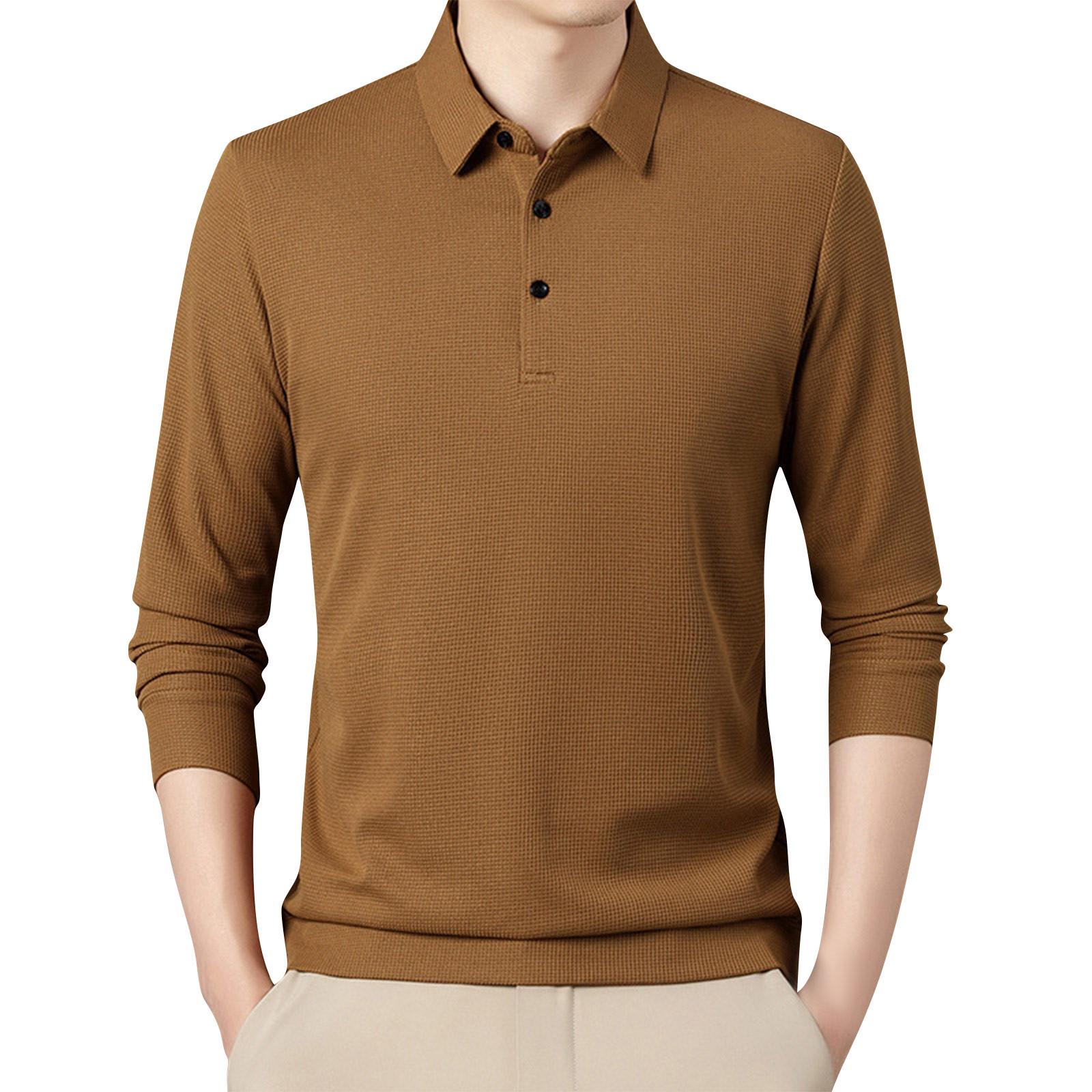 

Men s Solid Color Lapel Business Casual Long Sleeved T-shirt Versatile Top 54 коричневый