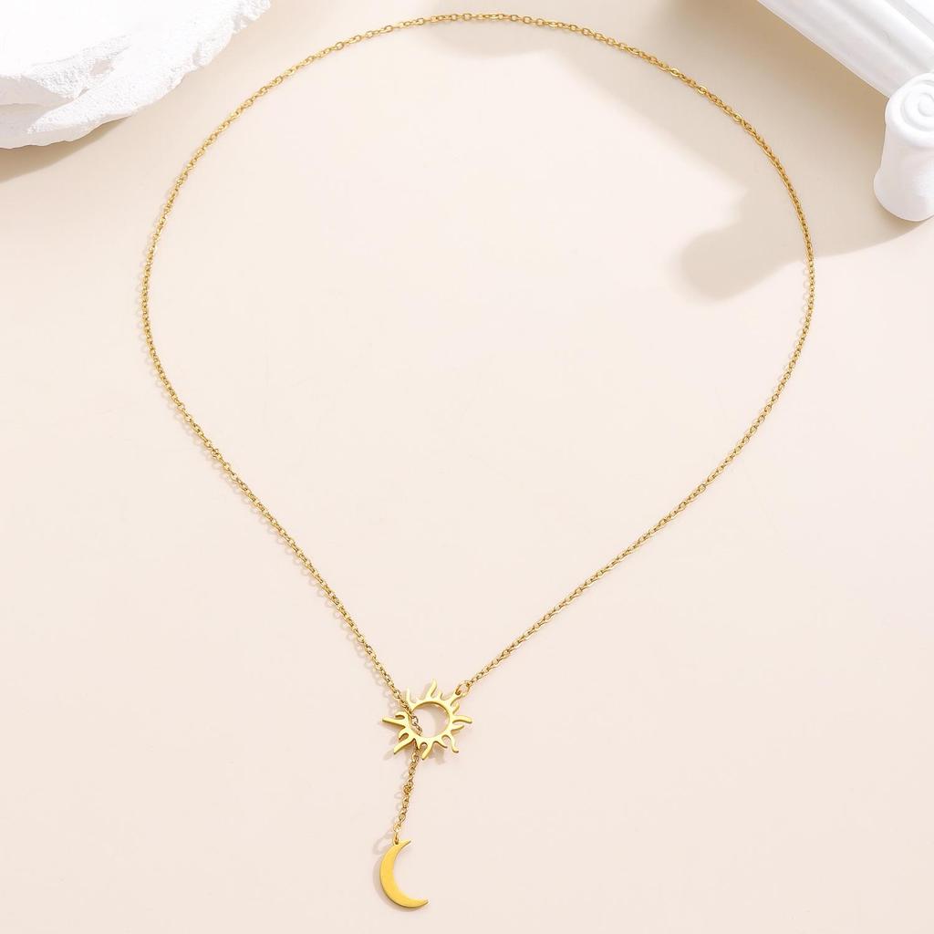 Stainless Steel Adjustable Double Layer Sun & Moon Pendant Necklace - Light Luxury Style