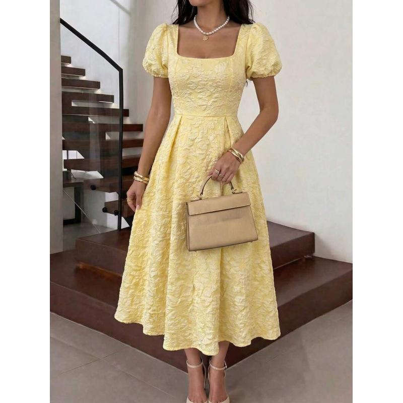 Europe, America 2026 summer new elegant jacquard square neck bubble sleeve A-shaped skirt medium and long dress S