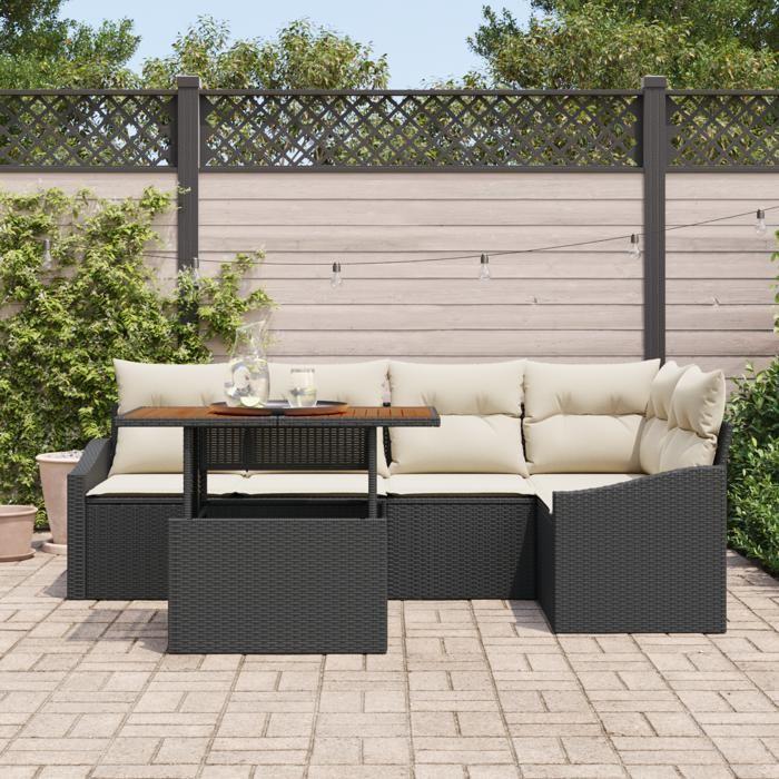 VidaXL Ensemble de dining jardin 6 pièces avec coussins noir en poly rattan et acacia 3349837