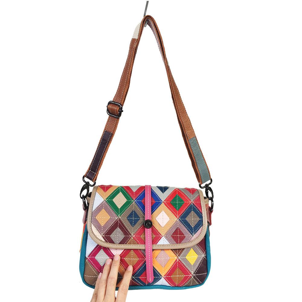 Fashion Women'S Bags Cowhide Women'S Bags Color Rhombus Splicing Leather Shoulder Messenger Bags Casual Versatile