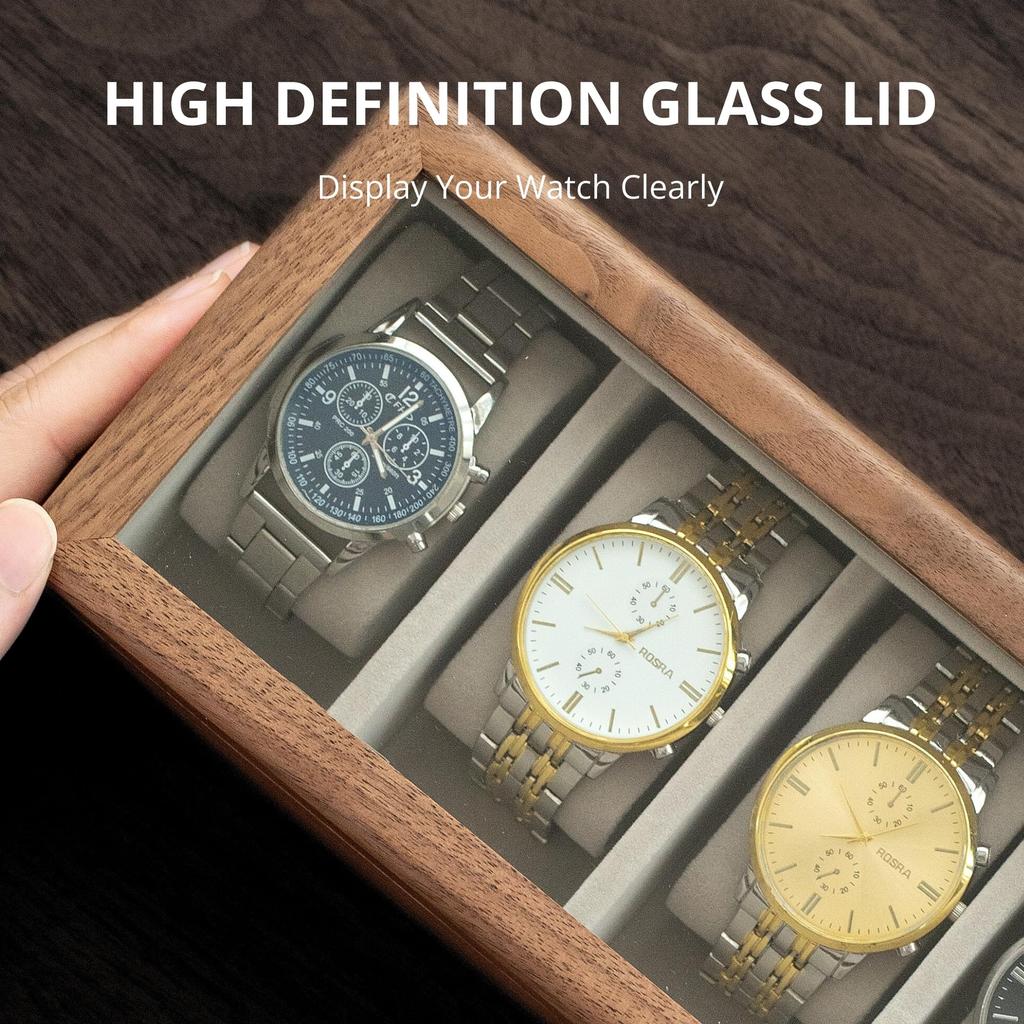 Muso Wood Watch Case for 5 Watches, Wooden Watch Case with Clear Window, Storage Box with Removable Pillow, Luxury Watch Display Case (Walnut)