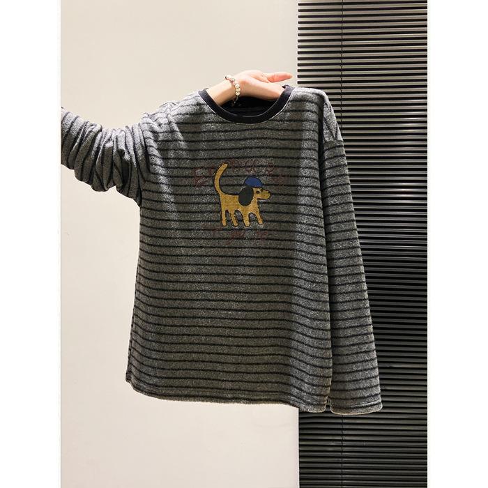Polyester human cotton 3 elastane contrasting stripes polished autumn and winter thickened crew neck long-sleeved loose shirt S