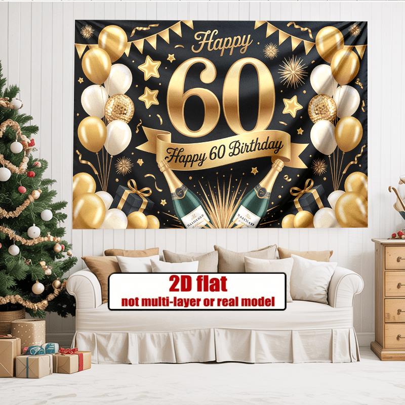 Party Backdrop 60Th Birthday Stars Flat Golden Balloons Champagne Bottles Multi Family Event Photo Background Front Door Decor