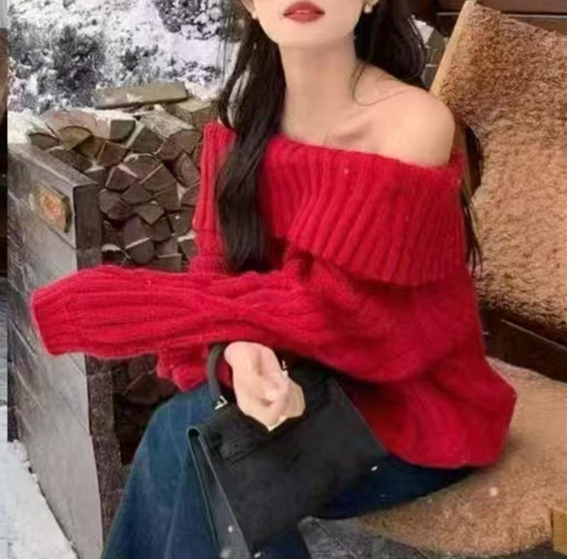 

Зима 2024 Красный свободный свитер с перекрученными плечами для женщин One size красный