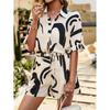 Black & White Geometric Two-Piece Set: Loose Short-Sleeve Shirt & Drawstring Shorts