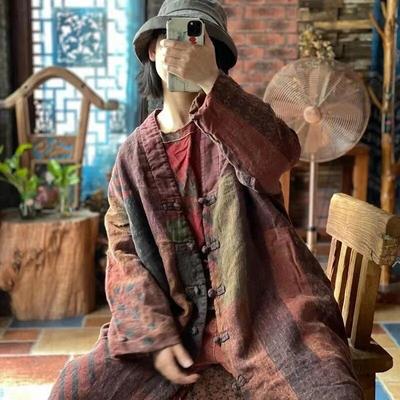 Linen Patchwork Print Vintage Women Coats Chinese Style Spring Full Sleeve Loose Retro V-neck Cotton Parkas