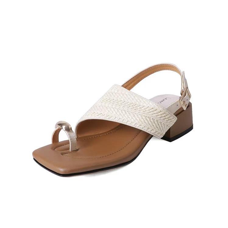 

Sheepskin version~ French toe knitting thick heel beach sandals holiday style square head beautiful one-word button Roman shoes women 40