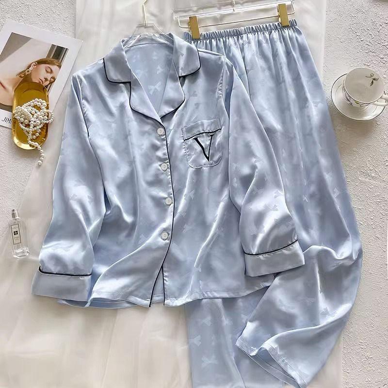 Summer High-End Green Fashion Lapel Pajamas Women'S Long-Sleeved Trousers Plant Flower Loungewear Set