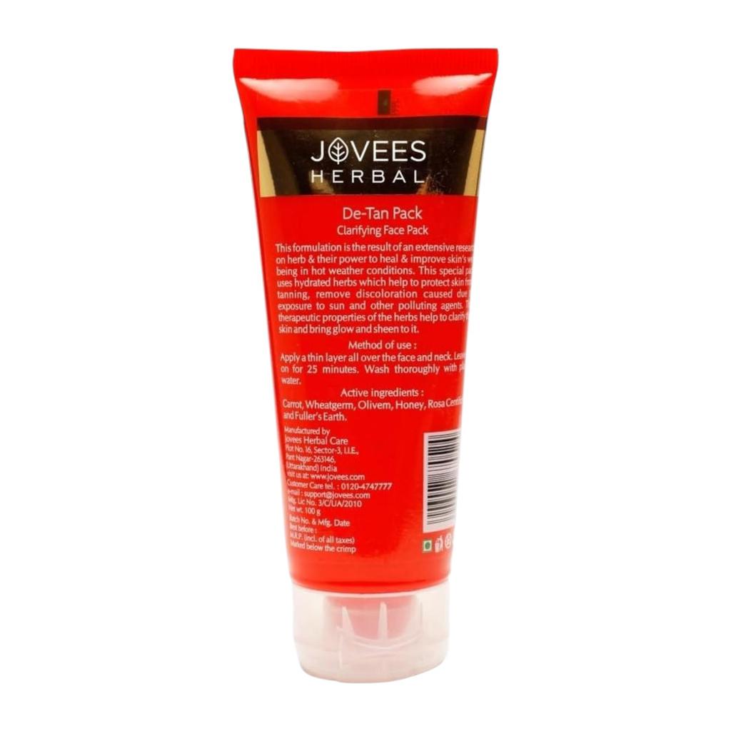 Jovees Herbal De-Tan Face Pack 100gm For Tan Removal, Skin Revitalization, Complexion Brightening And Hydrating Glow | Alcohol Free Paraben Free