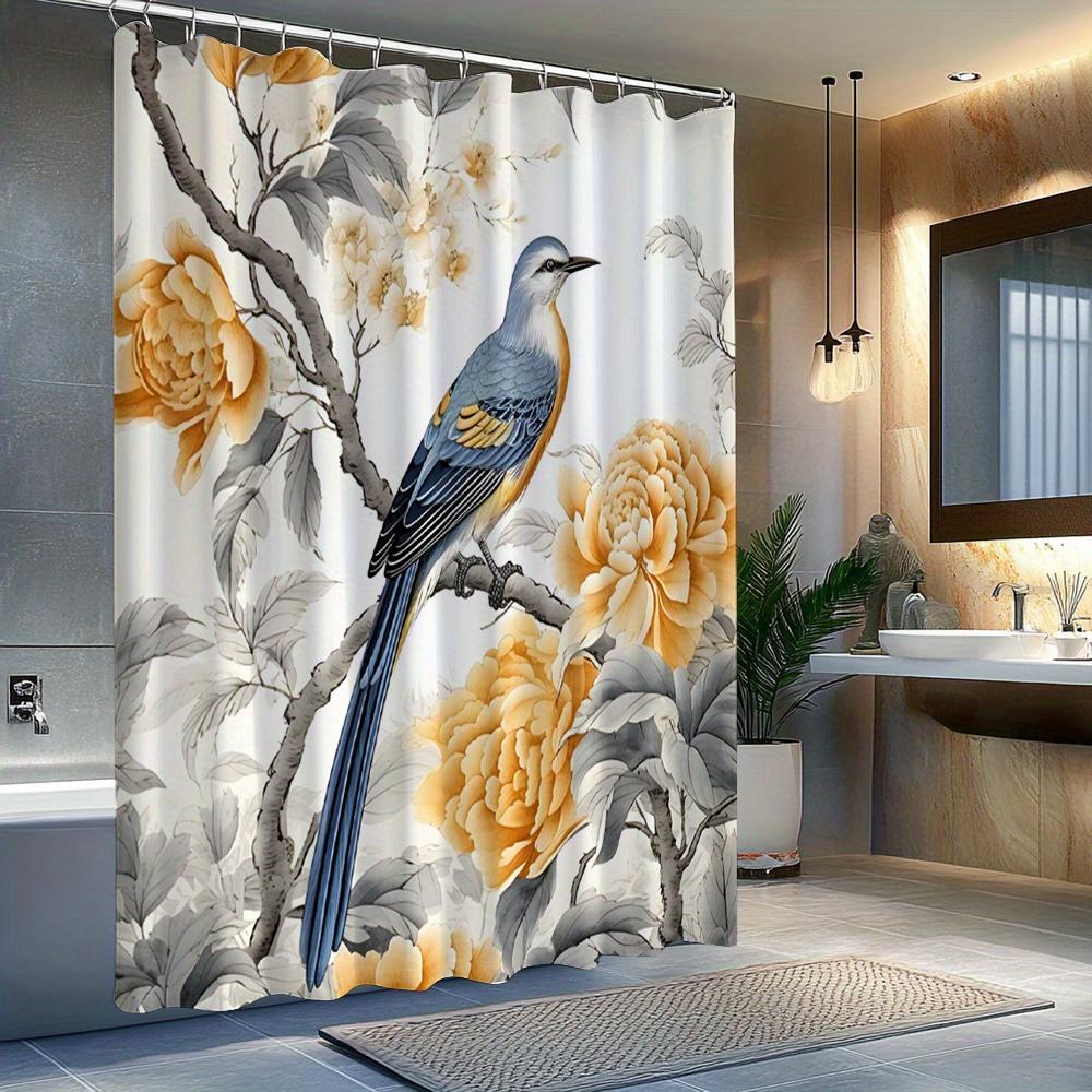1Pc Shower Curtain With Bird And Peony Pattern, Made Of Polyester, Machine Washable, Suitable For Bathroom Decoration.