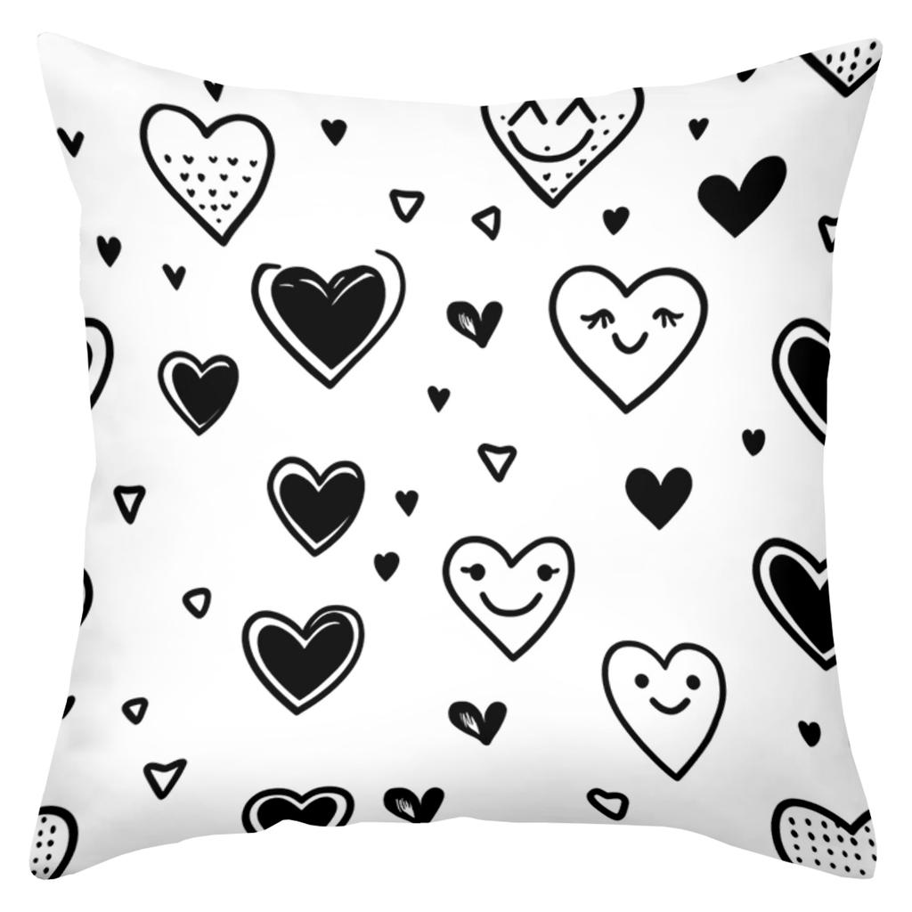 2D Flat Printing Black And White Heart Pattern Decorative Throw Pillows Polyester Pillowcase, Sofa Decorative Cushion Cov