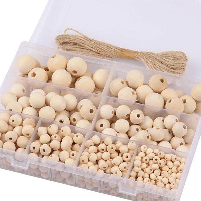 Set of 485 Bulk Natural Wooden Beads Set Assorted Sizes Round Bead with Storage Box DIY Crafts Jewelry Making Supplies