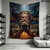 Odin Norse Mythology Tapestry, Viking God with Wolves and Ravens Wall Hanging, Valknut Symbol Wall Tapestry for Bedroom Living Room Decor
