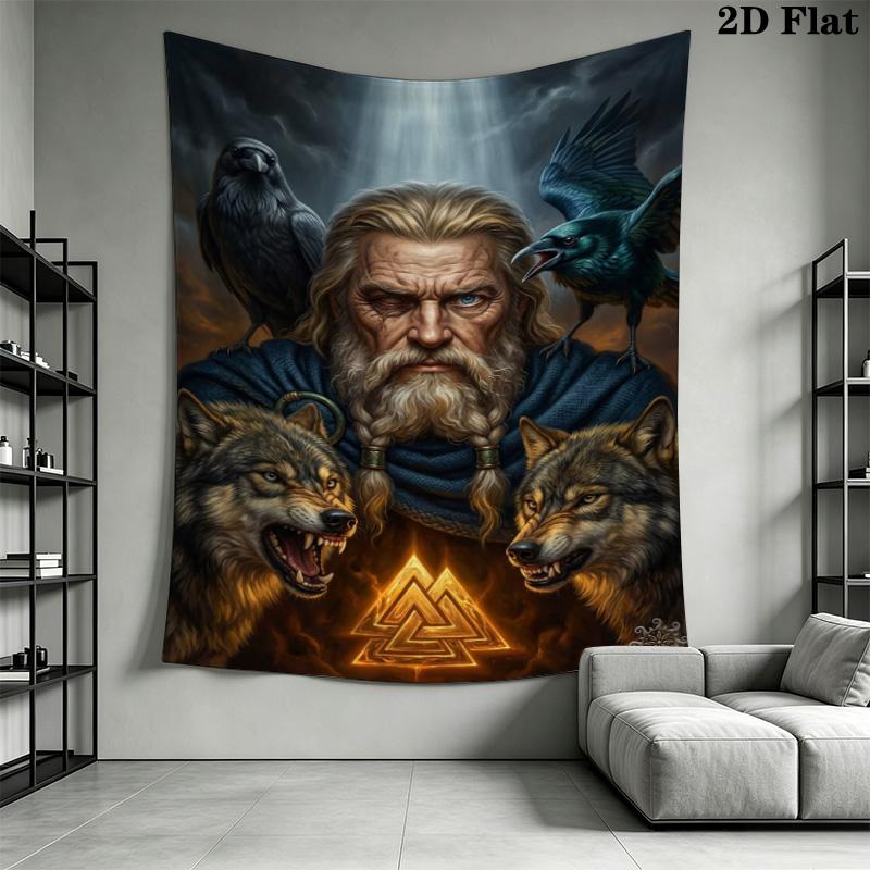 Odin Norse Mythology Tapestry, Viking God with Wolves and Ravens Wall Hanging, Valknut Symbol Wall Tapestry for Bedroom Living Room Decor