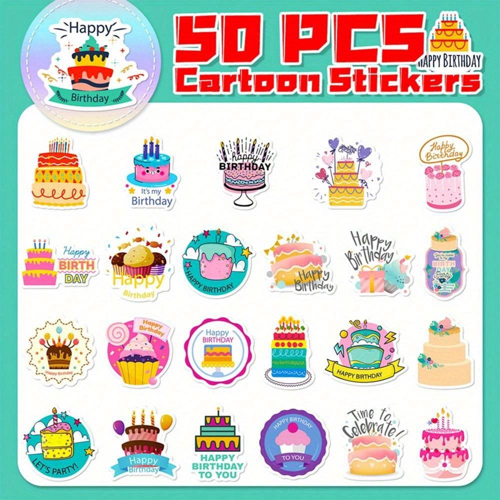 50pcs Cartoon Birthday Cake & Happy Birthday Candle Graffiti Stickers, Personalized Decoration for Guitar, Notebook, Luggage, Laptop, Motorcycle