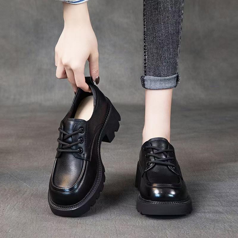 New first-layer cowhide small leather shoes women's thick heel retro lace-up casual shoes medium heel four-season single shoes