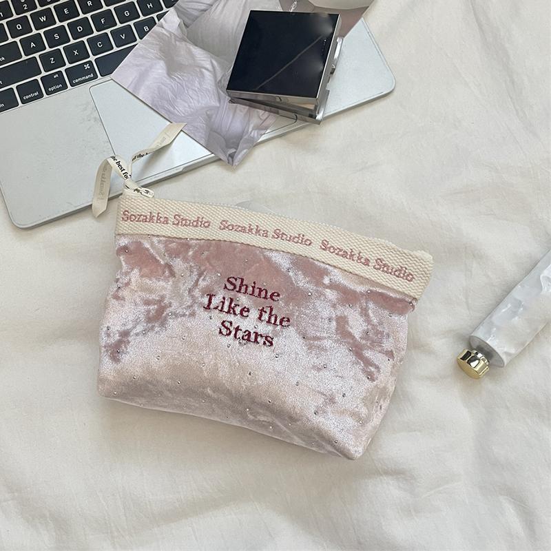 Slim Velvet Makeup Bag with Elegant Embroidery High Capacity Cosmetic Organizer Pouch Travel Wash Storage Toiletry Bag for Women