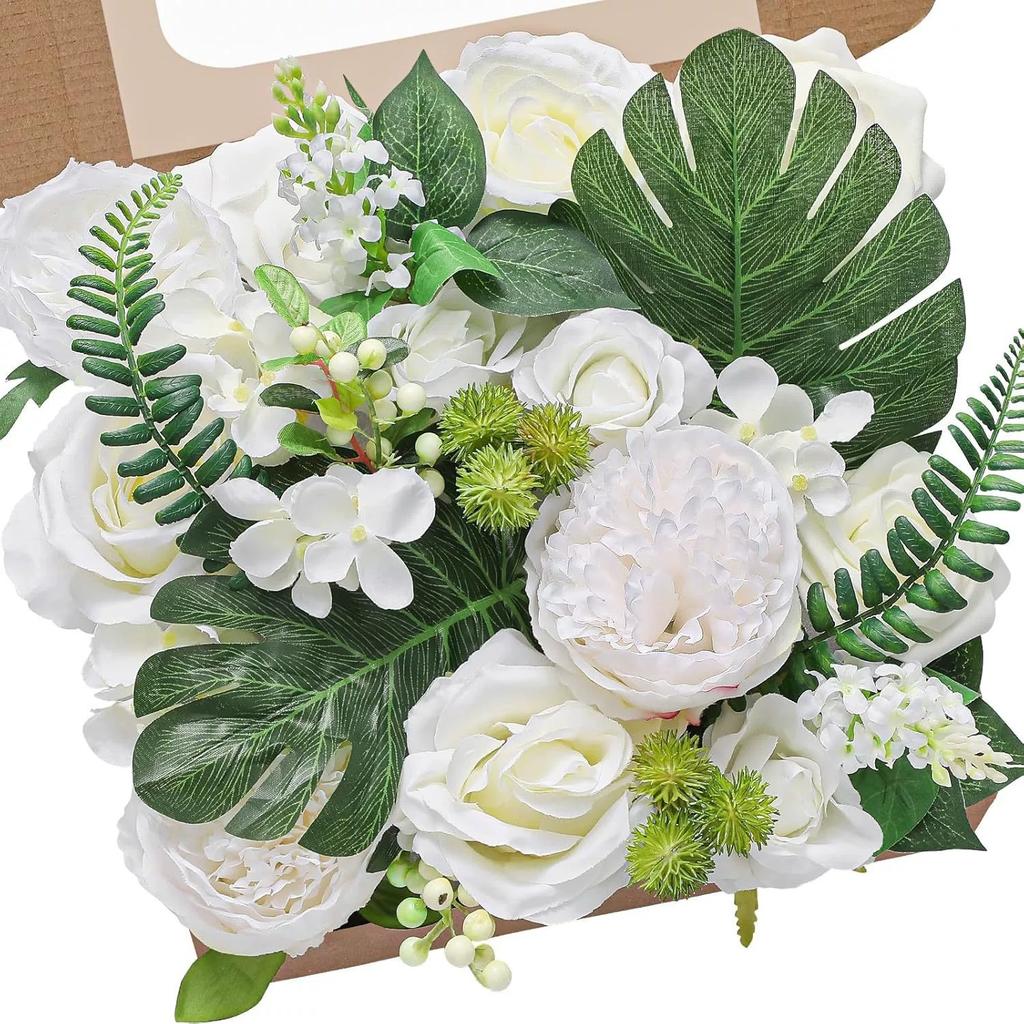 Artificial Flower Combination Box Set, Pink Silk Artificial Rose Bride Bouquet for Outgoing/Indoor DIY Center Piece Flowers for