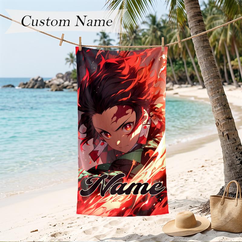 Demon Slayer Custom Name Printed Beach Towel Personalized Soft Towel For Swimming Beach Travel