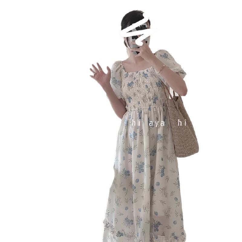 French floral dress female fat sister large size waist thin knee medium length skirt high waist A skirt square collar