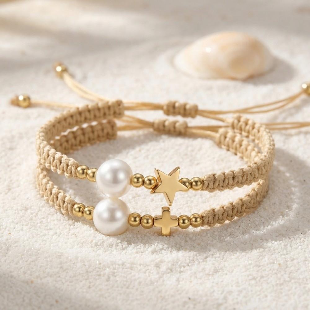 Pearl Bead Star-Shaped Bracelet Adjustable Casual Bracelet Bangle Woven Bracelet Women
