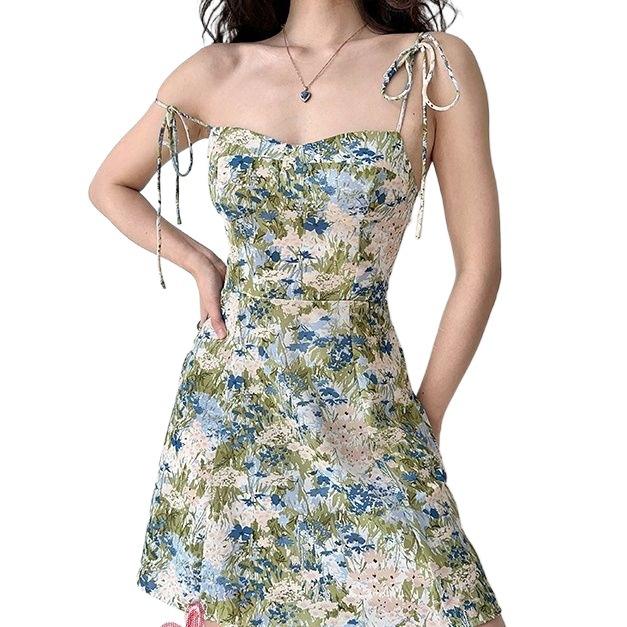 Large Size Floral Print Camisole Dress French Retro Shoulder Strap Printed Suspender Skirt Women's Summer Slim Waist A Word Seaside Skirt