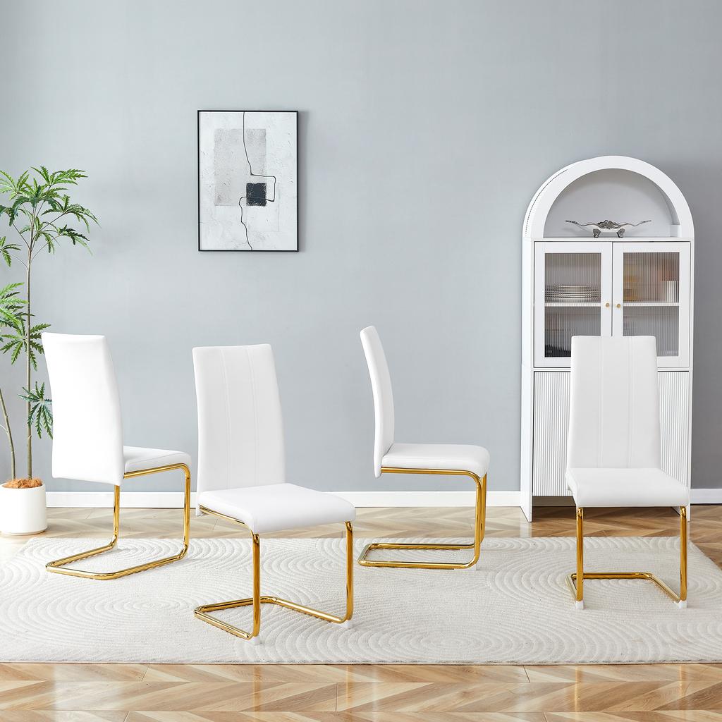 White Dining Chair made of PU Leather, Stable Metal Frame with Gold Look – Elegant Chair for Dining Room & Living Room
