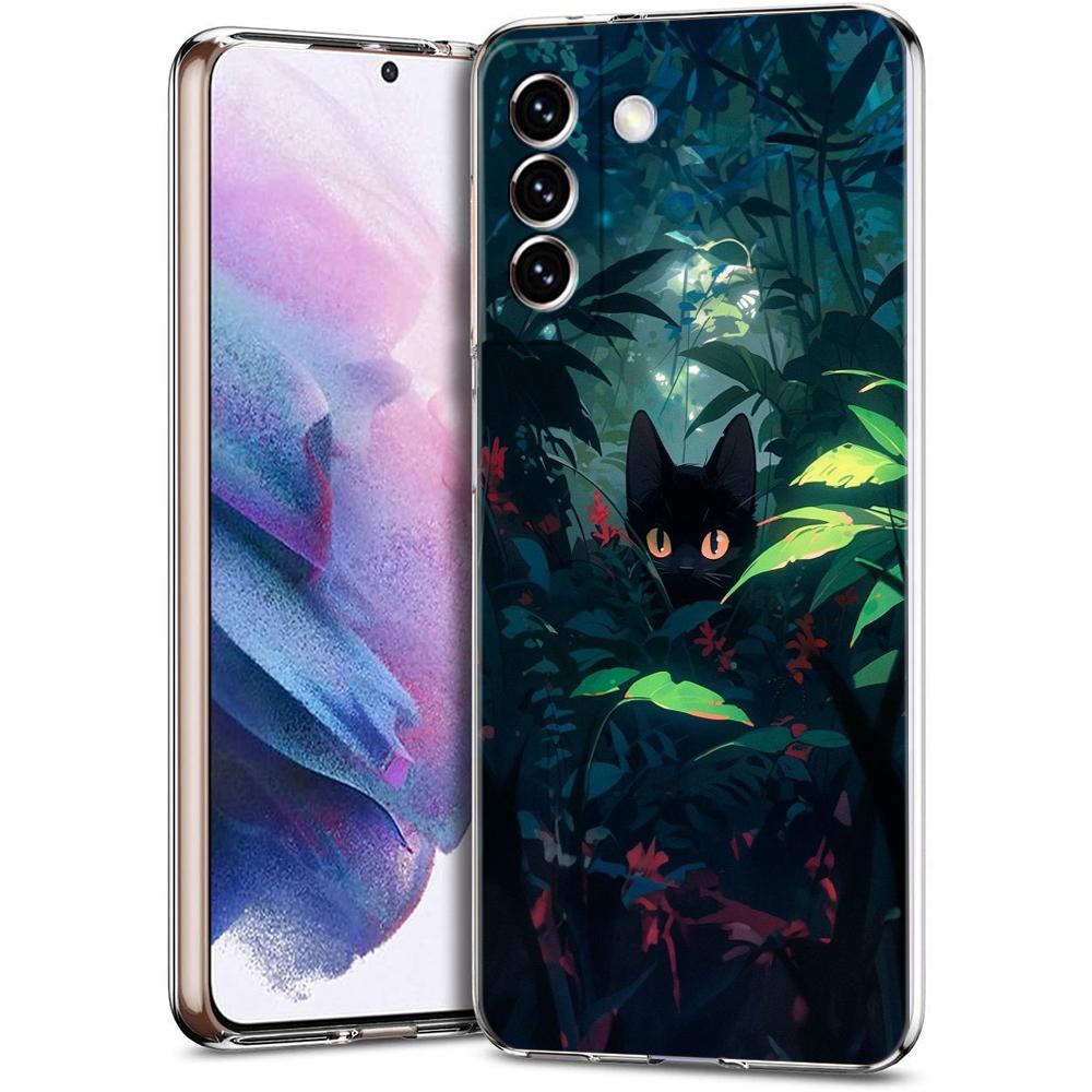 Artistic Black Cat Starry Night Phone Case For Samsung Galaxy S24 Ultra S23 FE S22 S20 S21 5G S10 S9 Plus S10E S8 Clear Cover