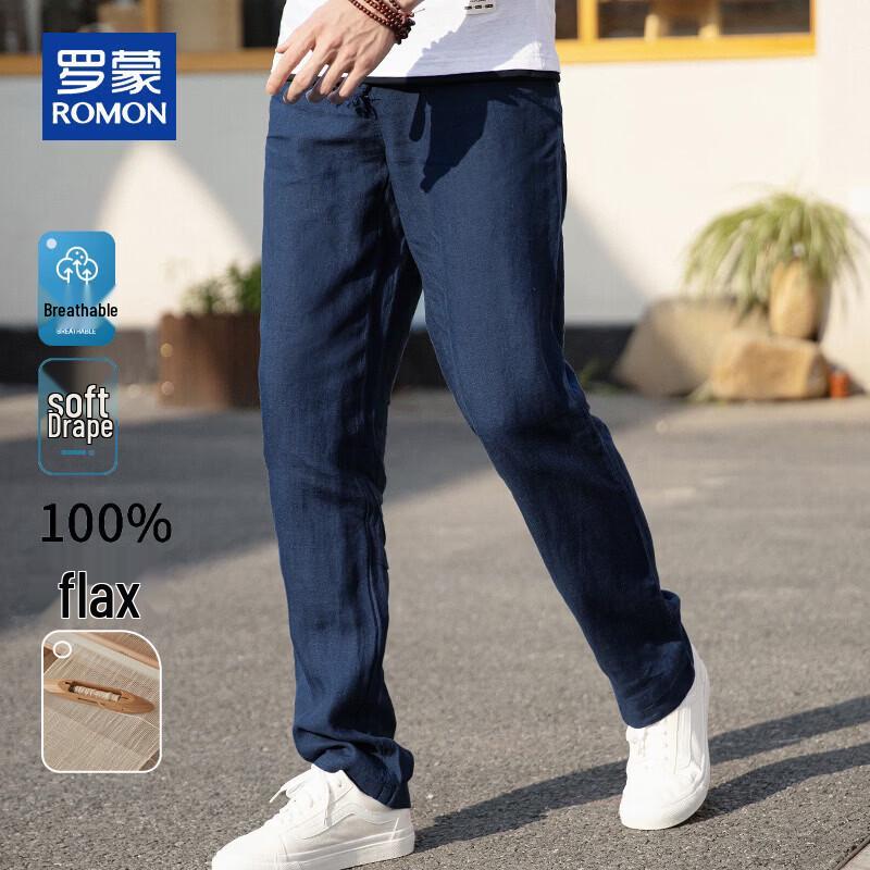 ROMON Men s 100% Linen Drawstring Straight-Leg Casual Pants M