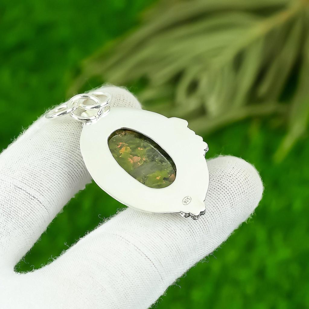 Natural Unakite Gemstone Pendant Handmade 925 Sterling Silver Indian Jewelry