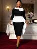 Plus Size Women's Elegant 3D Floral Color Block Ruffle Waist-Cinched Long Sleeve Hip-Hugging Dress