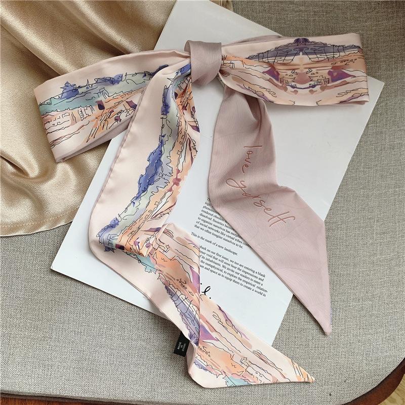 French Bow Tie Painting Silk Scarf Long Ribbon Oil Painting Headscarf Headband Hair Accessories