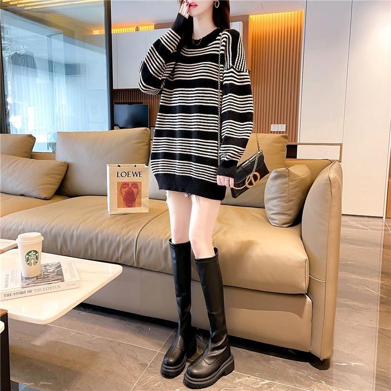 Autumn Loose Casual Style Knitted Pullover Fashion Striped Sweater Women's Medium and Long Age-reducing Top Tide