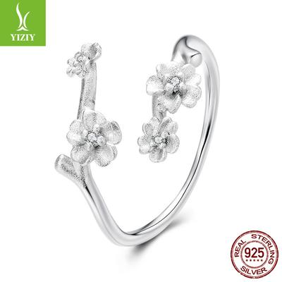 Anello Aperto Fiore di Prugno Delicato Argento Sterling S925 Alta Purezza Elegante Anello Floreale Gioielli Donna