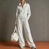 Conjunto de Dos Piezas de Punto para Mujer Suéter con Media Cremallera Manga Larga Cuello Plegable Pantalones de Pierna Ancha Conjunto para Estar en Casa