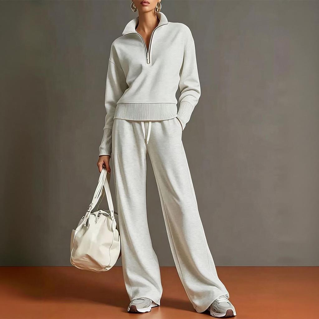 Conjunto de Dos Piezas de Punto para Mujer Suéter con Media Cremallera Manga Larga Cuello Plegable Pantalones de Pierna Ancha Conjunto para Estar en Casa
