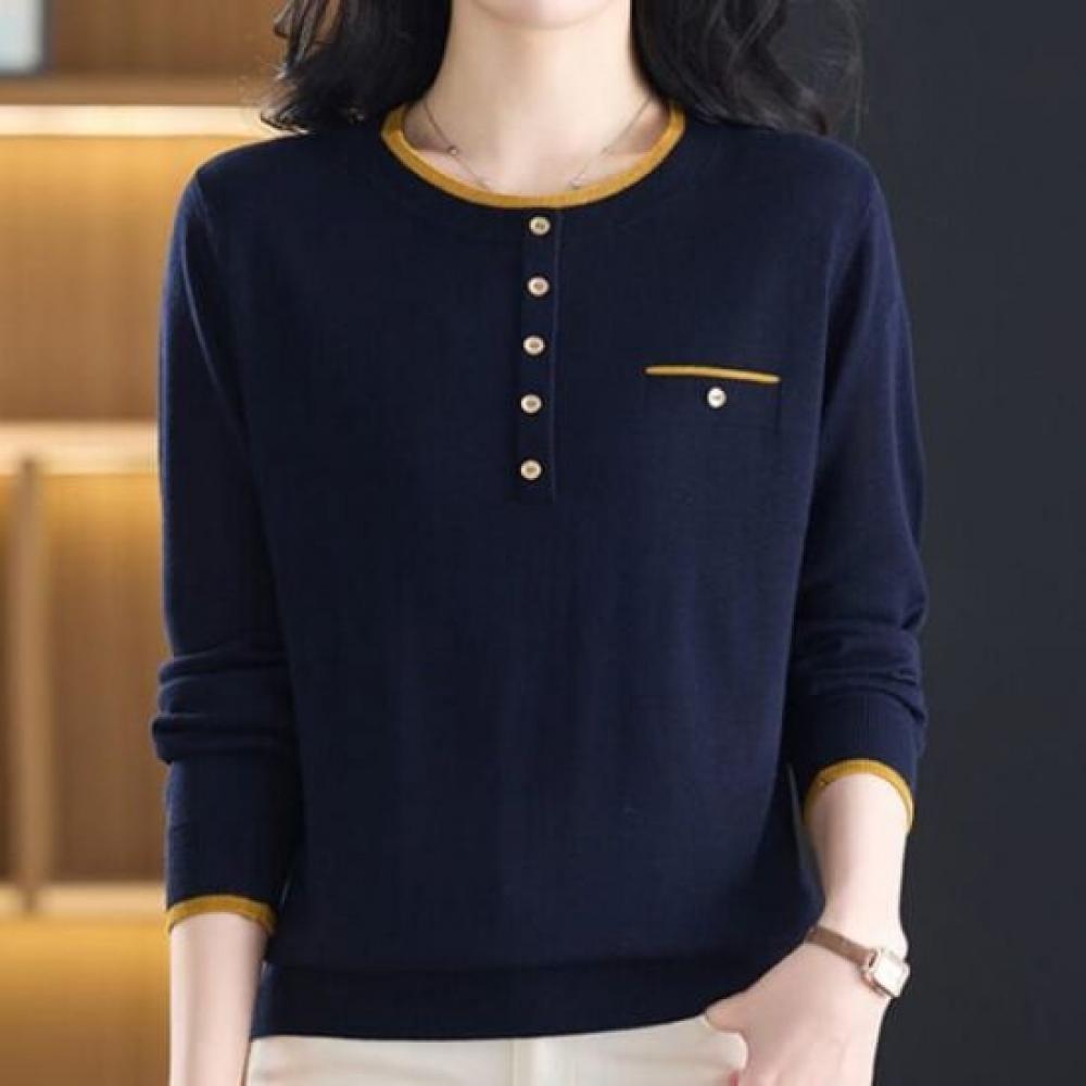 Navava Long Sleeve Knit Top With Color Block And Button Detail Round Neck Nk3571