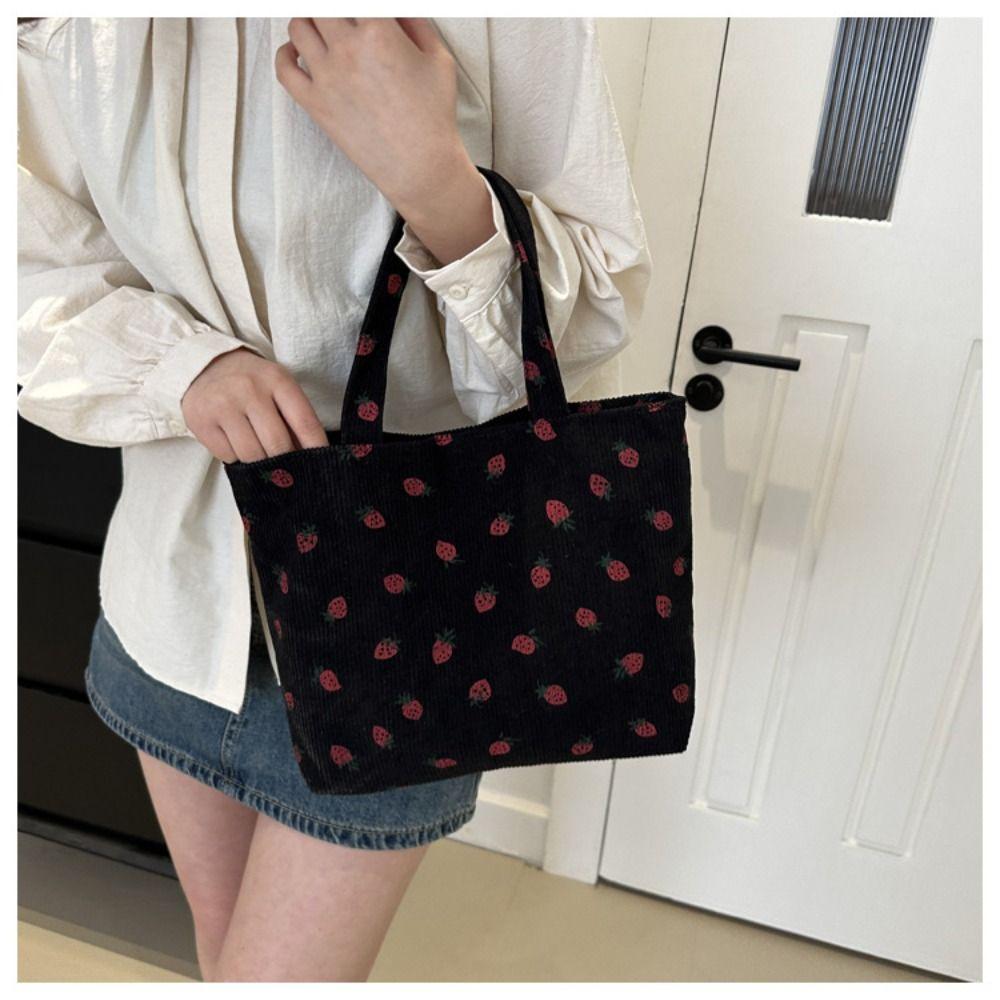 Strawberry Print Shoulder Bag For Women New Fashion Corduroy Large Capacity Shopping Bag Solid Color Handbag Tote Bag