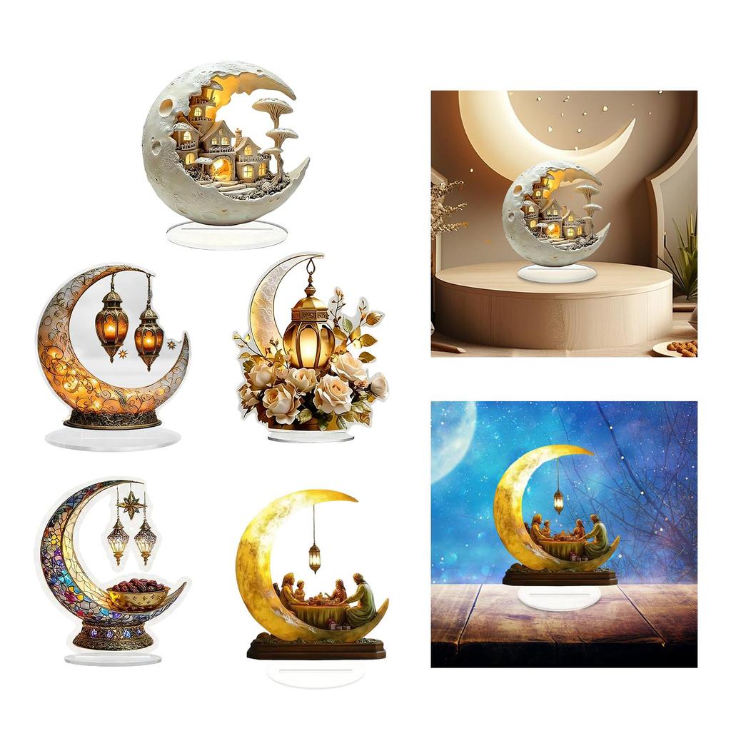 Eid Mubarak Moon Art Table Sign Acrylic Ramadan Decoration Modern Desktop Ornament for Bedroom Living Room Festival