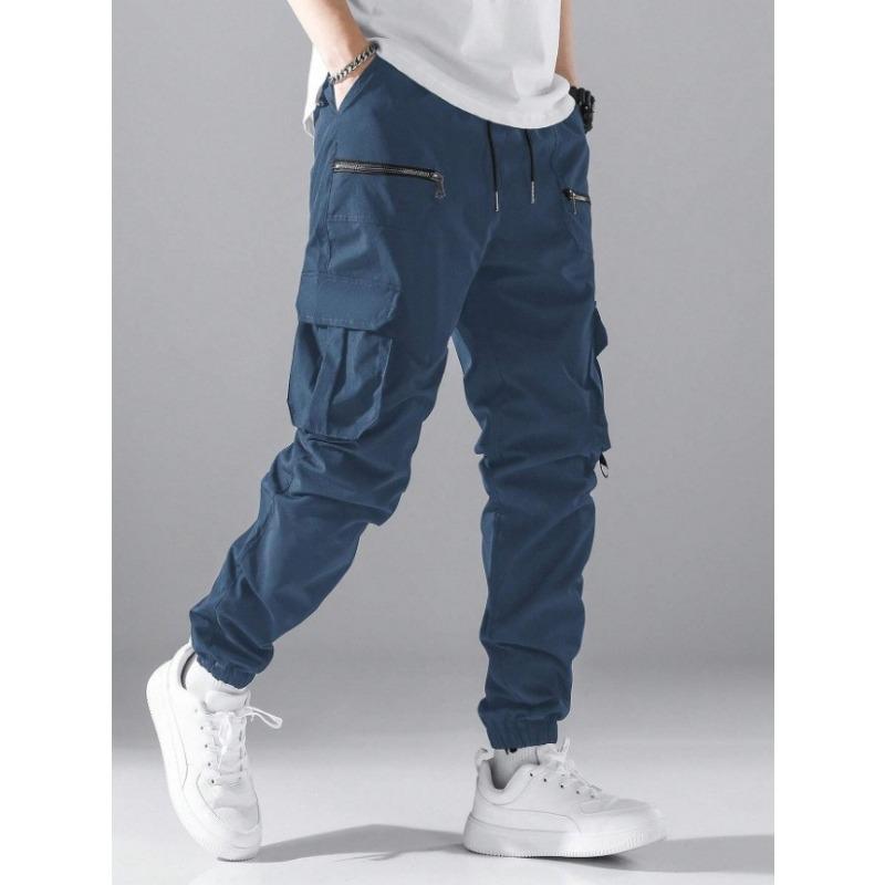 Men Elastic Waist Cargo Pants Multi Zipper Pocket Joggers Casual Streetwear Outdoor Slim Long Trousers
