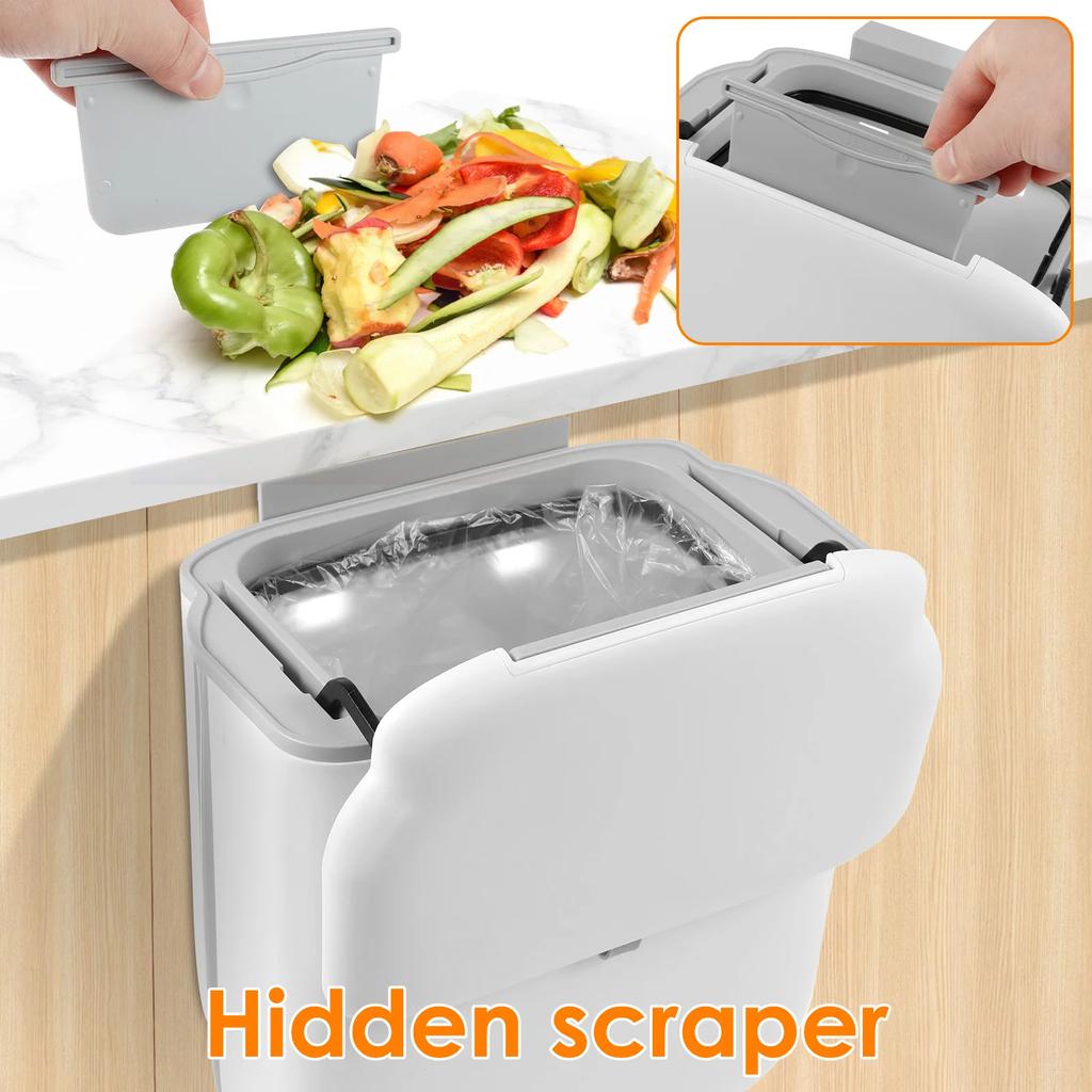 Hanging Trash Can Kitchen Food Compost Bin with Lid and Hidden Scraper Space Saving Foldable Wall Mounted Garbage Can for Home