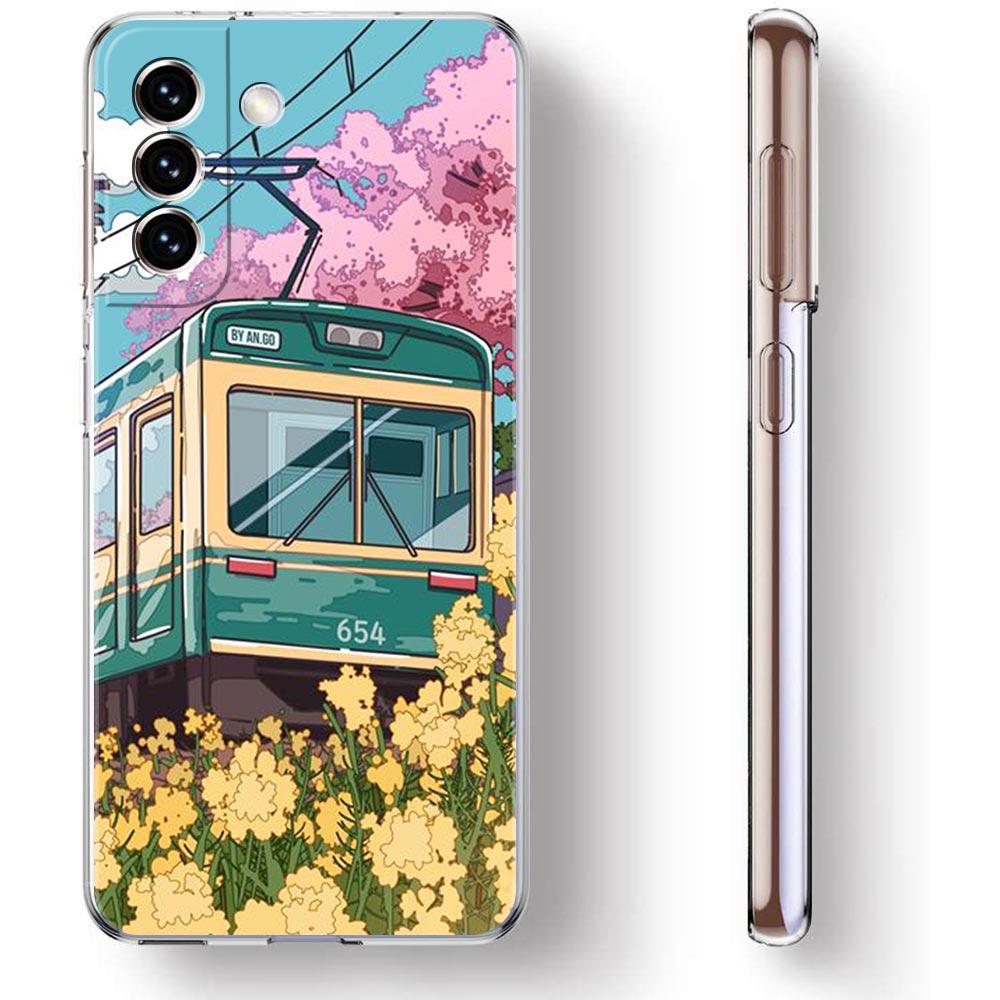 Cherry Japanese Traint Moun Fuji Clear Phone Case For Samsung Galaxy S23 S22 5G S20 Ultra S21 FE 5G S10E S9 S8 S10 Plus Cover