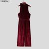 INCERUN Men Lacing Neck Sleeveless Solid Velvet Party Long Rompers Jumpsuits