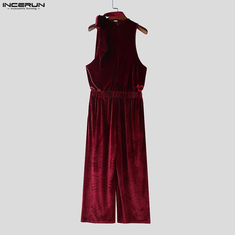 INCERUN Men Lacing Neck Sleeveless Solid Velvet Party Long Rompers Jumpsuits