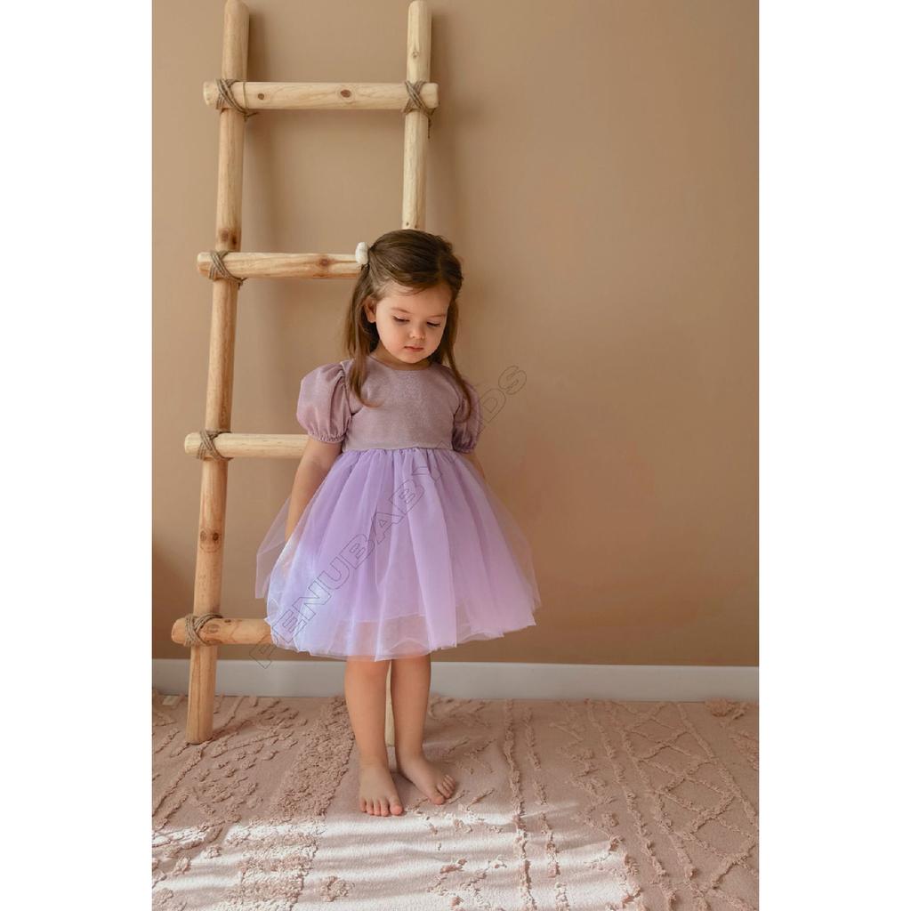 Rosa kurze Ballon-Stoffärmel, detailliertes Tutu-Tutu-Kleid für Babymädchen