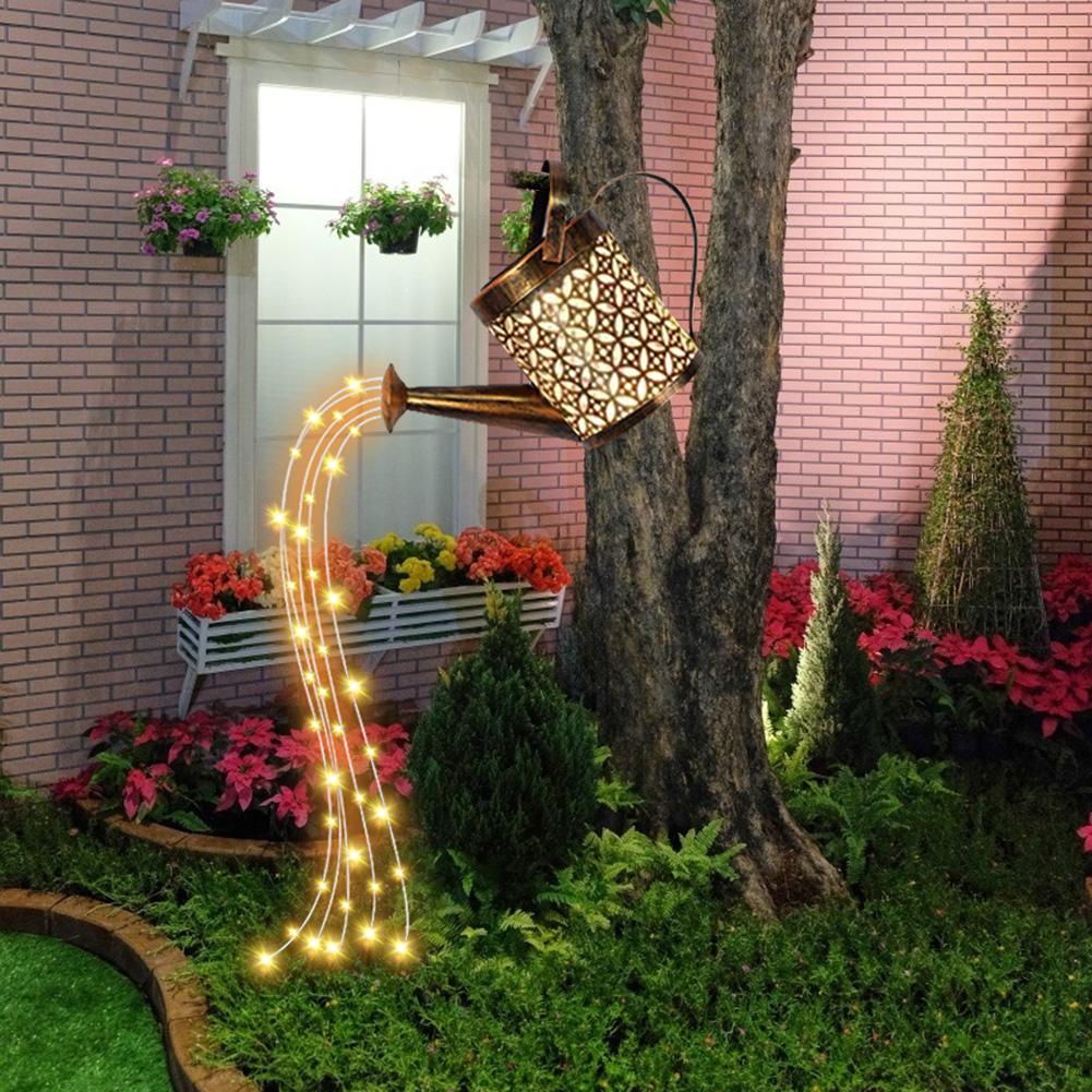Solar-Sterne für den Außenbereich, Gartenkunst, Licht, Gartengießkanne, String, ausgehöhlte Eisendusche, LED-Leuchten, Lampe, Hausgarten-Dekoration