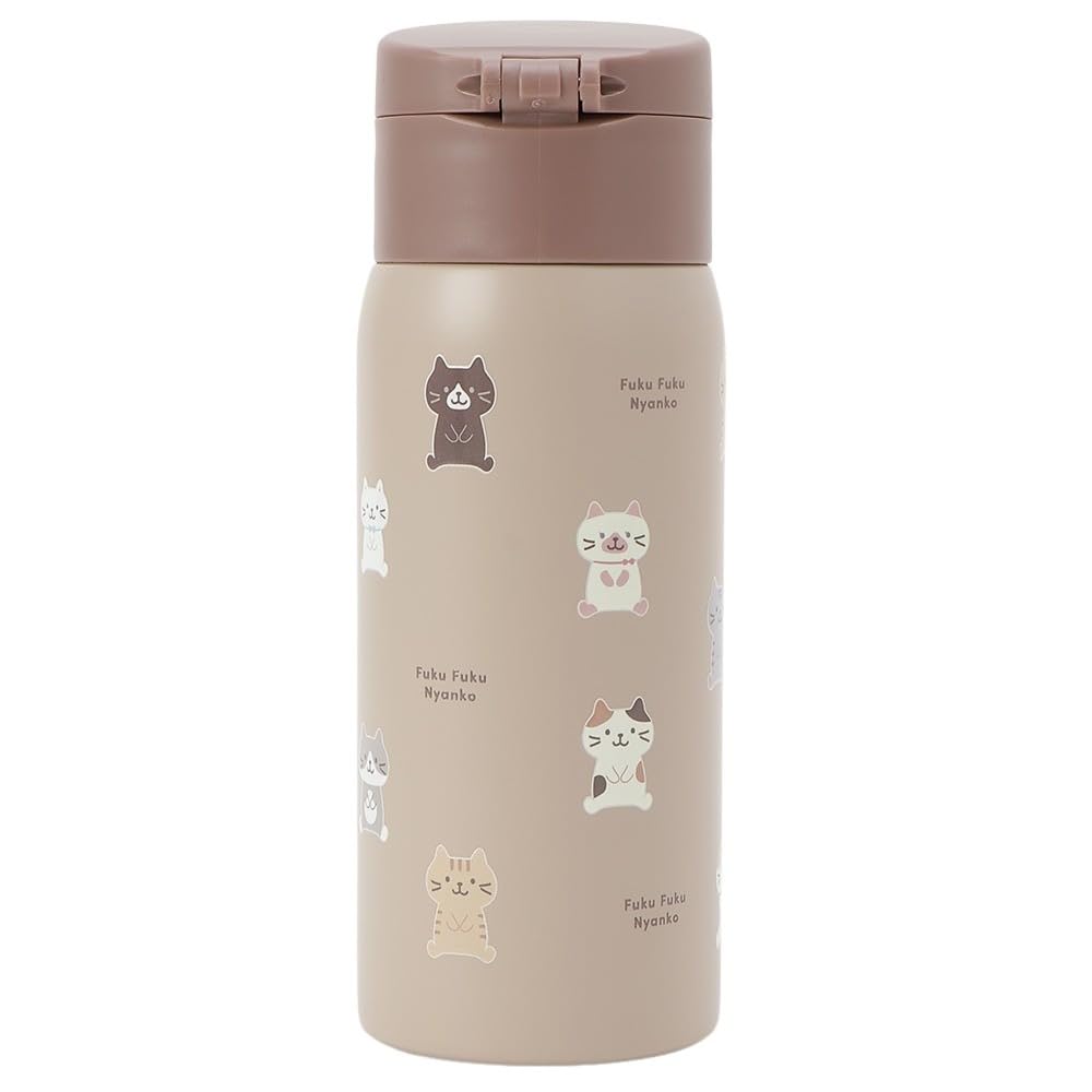350ml Stainless Steel Bottle, Insulated, Direct Drinking, One-Touch Operation, Cute Cat Design, Fukufuku Nyanko, Happins