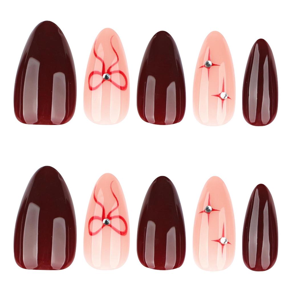 Red Almond-Shaped Press-On Nails with Bow and Star Design